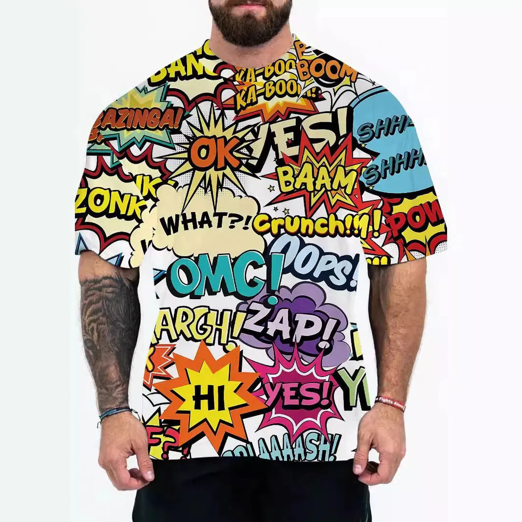 Men's loose fit graphic t-shirt with coloured letters or eagle head design in chemical fibre blend