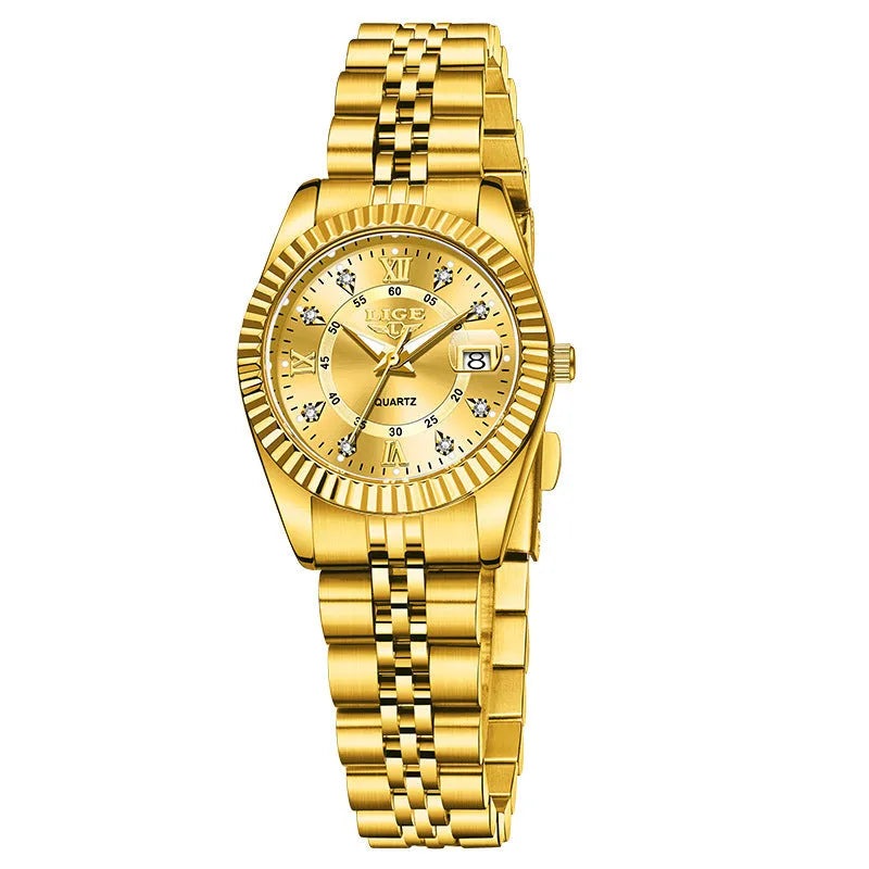 Slim gold and silver waterproof quartz fashion watch for women on a wrist, showing 10mm thickness.