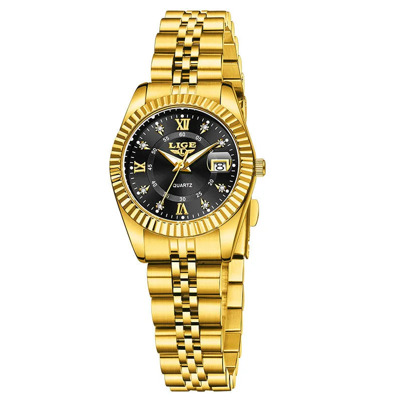 Slim gold and silver waterproof quartz fashion watch for women on a wrist, showing 10mm thickness.