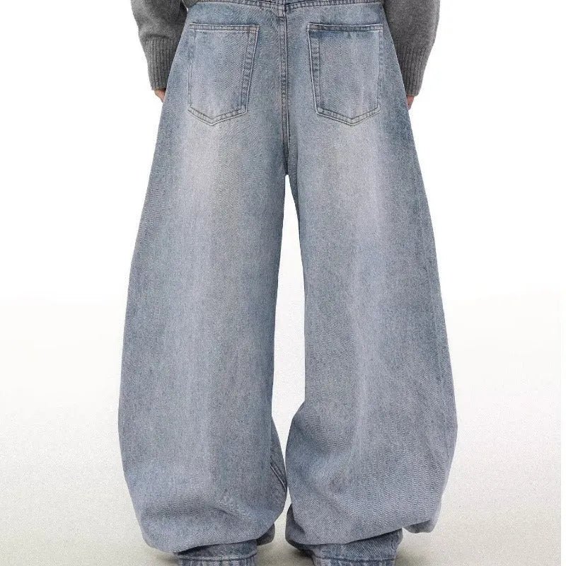 Men's blue distressed straight leg jeans with retro washing and micro elasticity