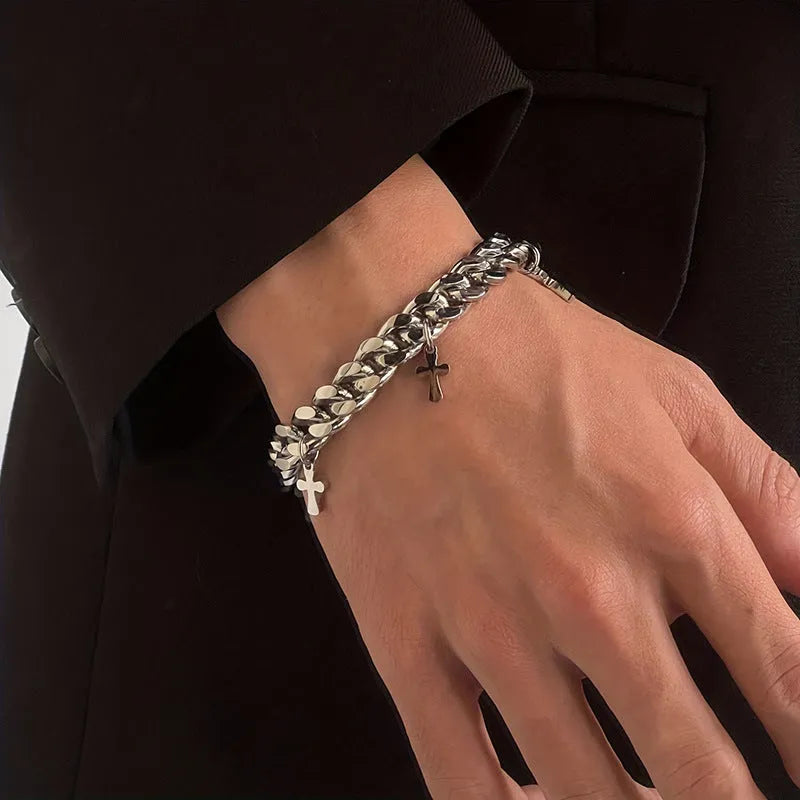 Men's geometric titanium steel bracelet featuring cross design with cold wind style