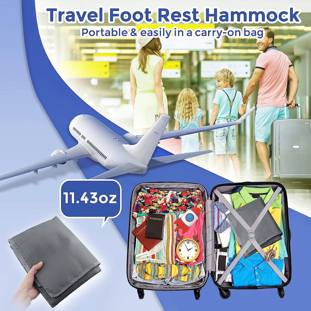 Portable children's aircraft seat extender in blue with adjustable bundle pocket