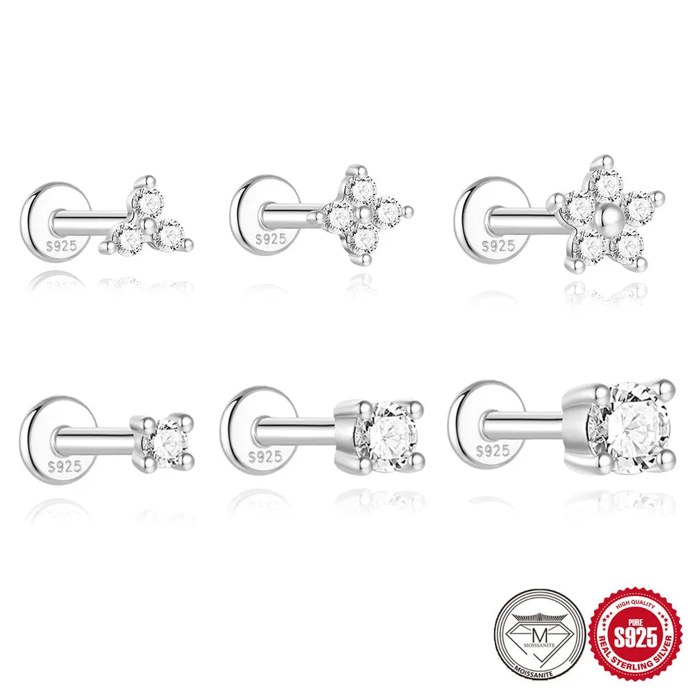 S925 sterling silver stud earrings with geometric petal diamond design in platinum finish.