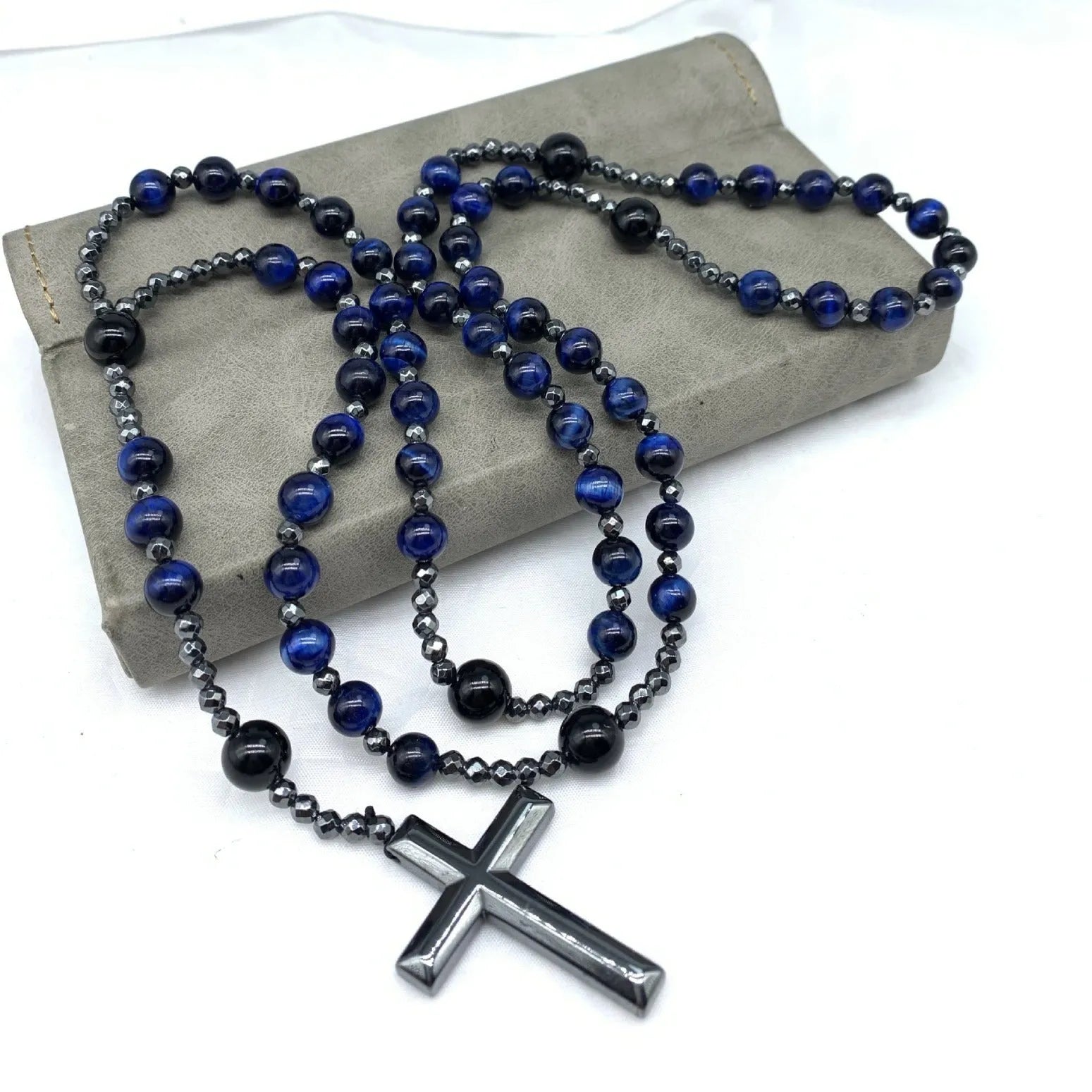 Men's stone cross pendant necklace on 80cm ball bead chain with safety lock clasp