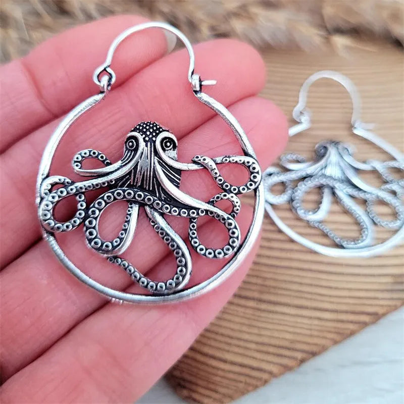 Vintage octopus earrings in antique silver finish with retro animal design
