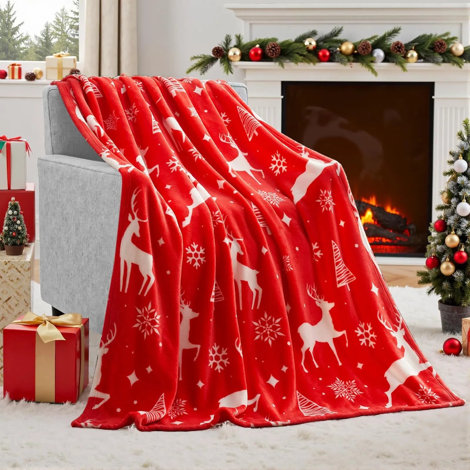 Soft plush red Christmas blanket draped over a grey sofa.