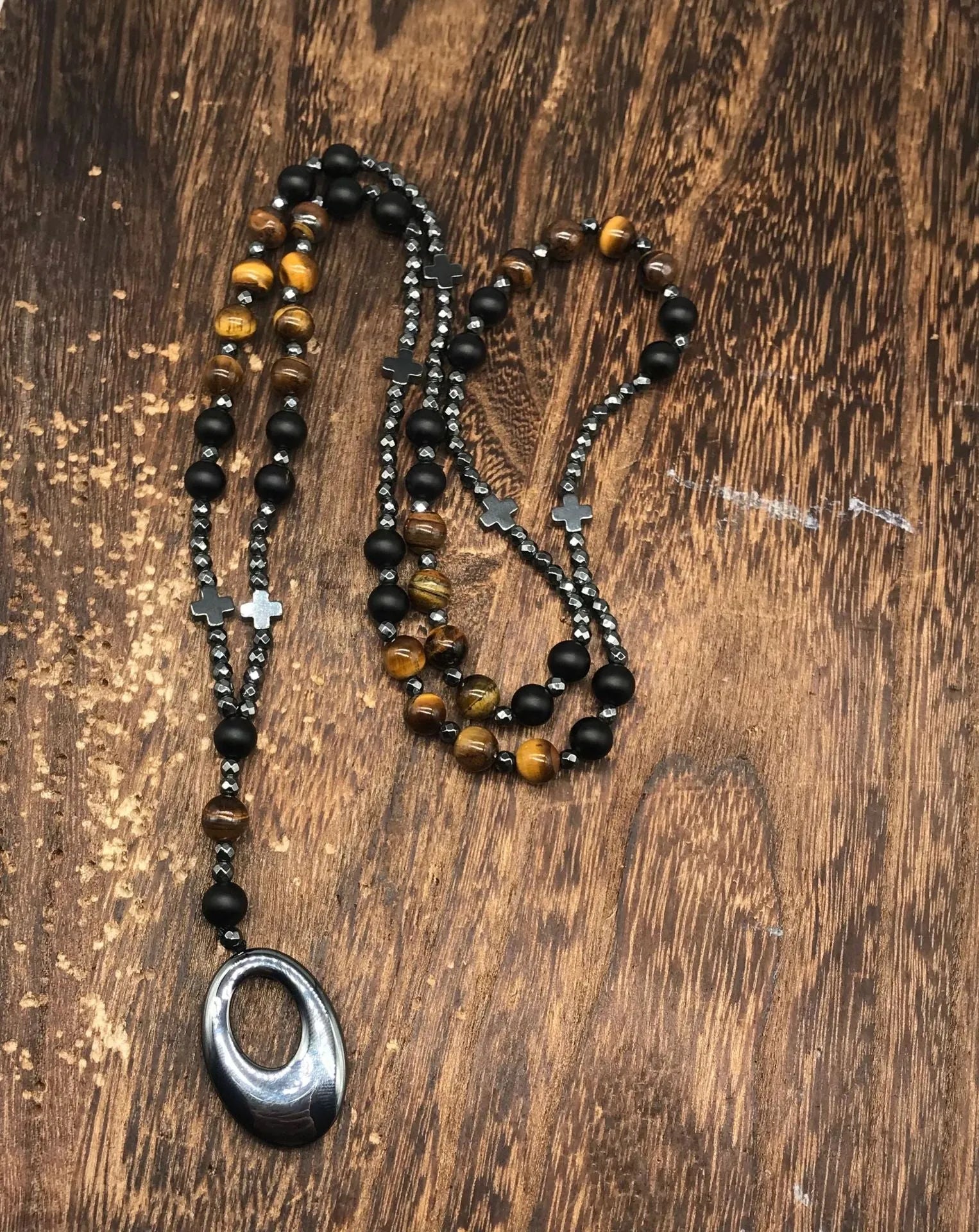 Men's stone cross pendant necklace on 80cm ball bead chain with safety lock clasp