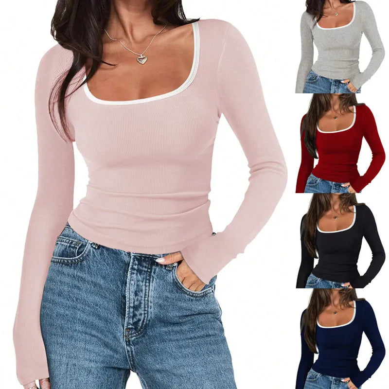 Women's slim fit square collar long sleeve cotton top in light grey