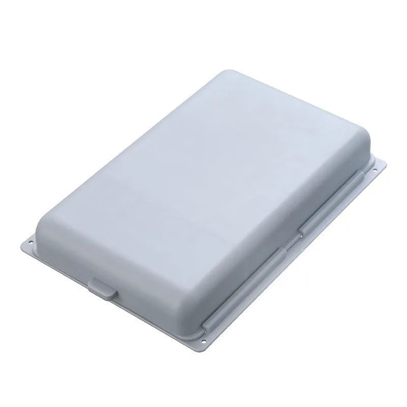 White plastic storage drawer with a cover and internal grid compartments, shown mounted underneath a wooden table.