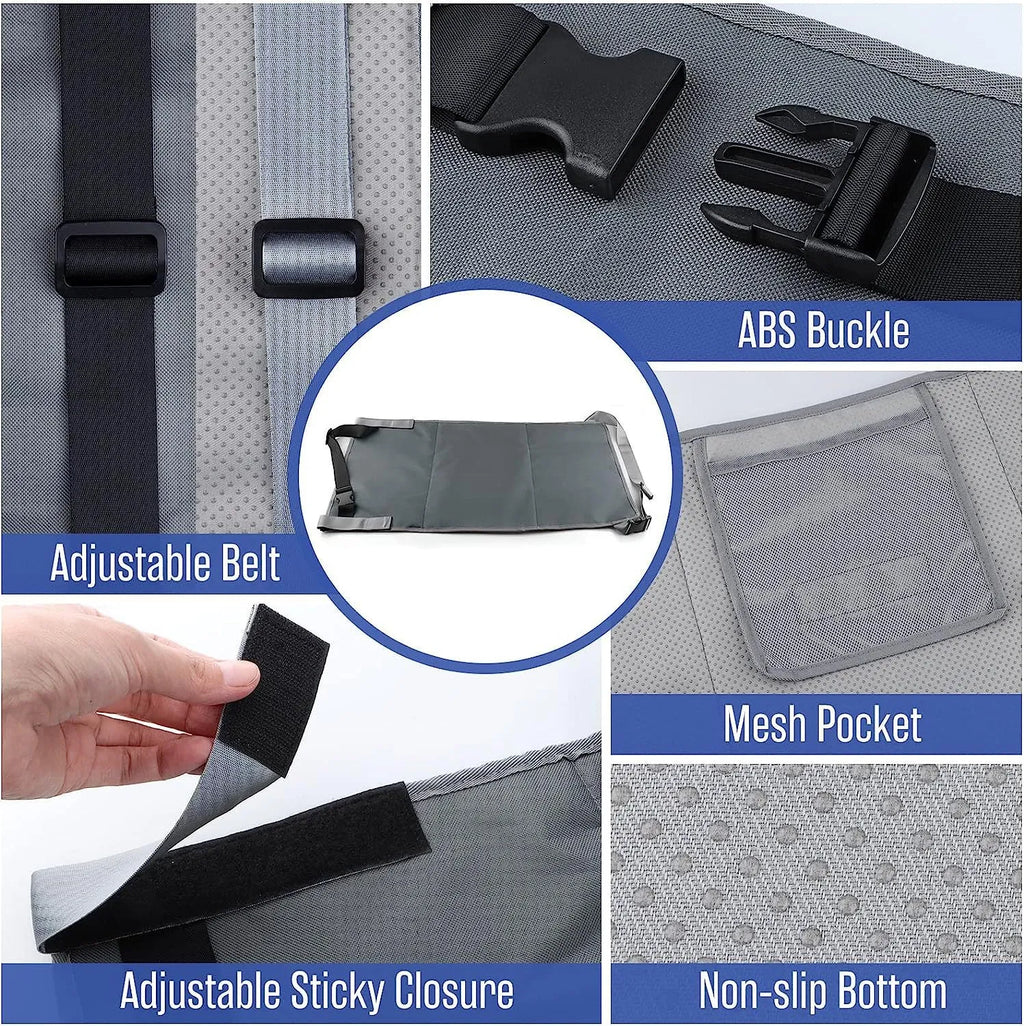 Portable children's aircraft seat extender in blue with adjustable bundle pocket