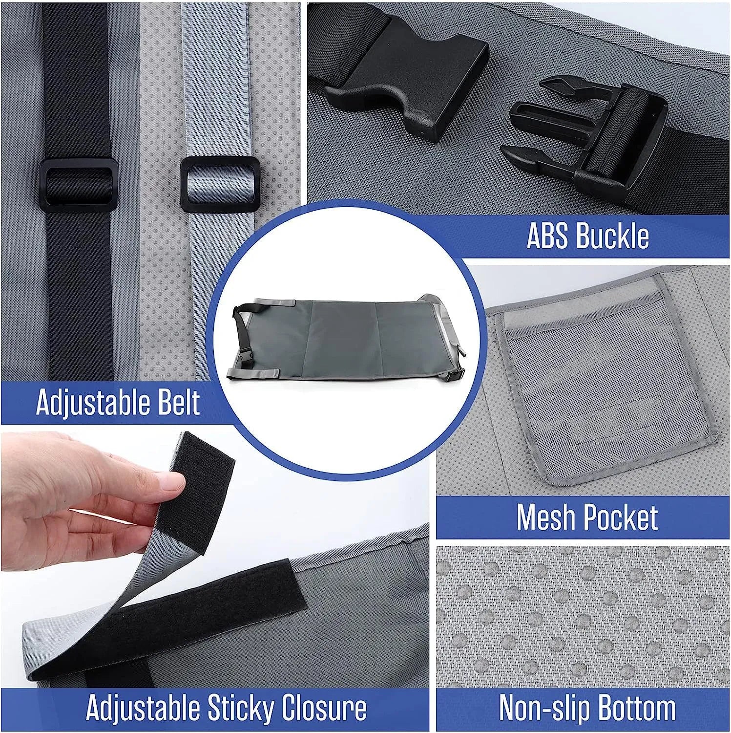 Portable children's aircraft seat extender in blue with adjustable bundle pocket
