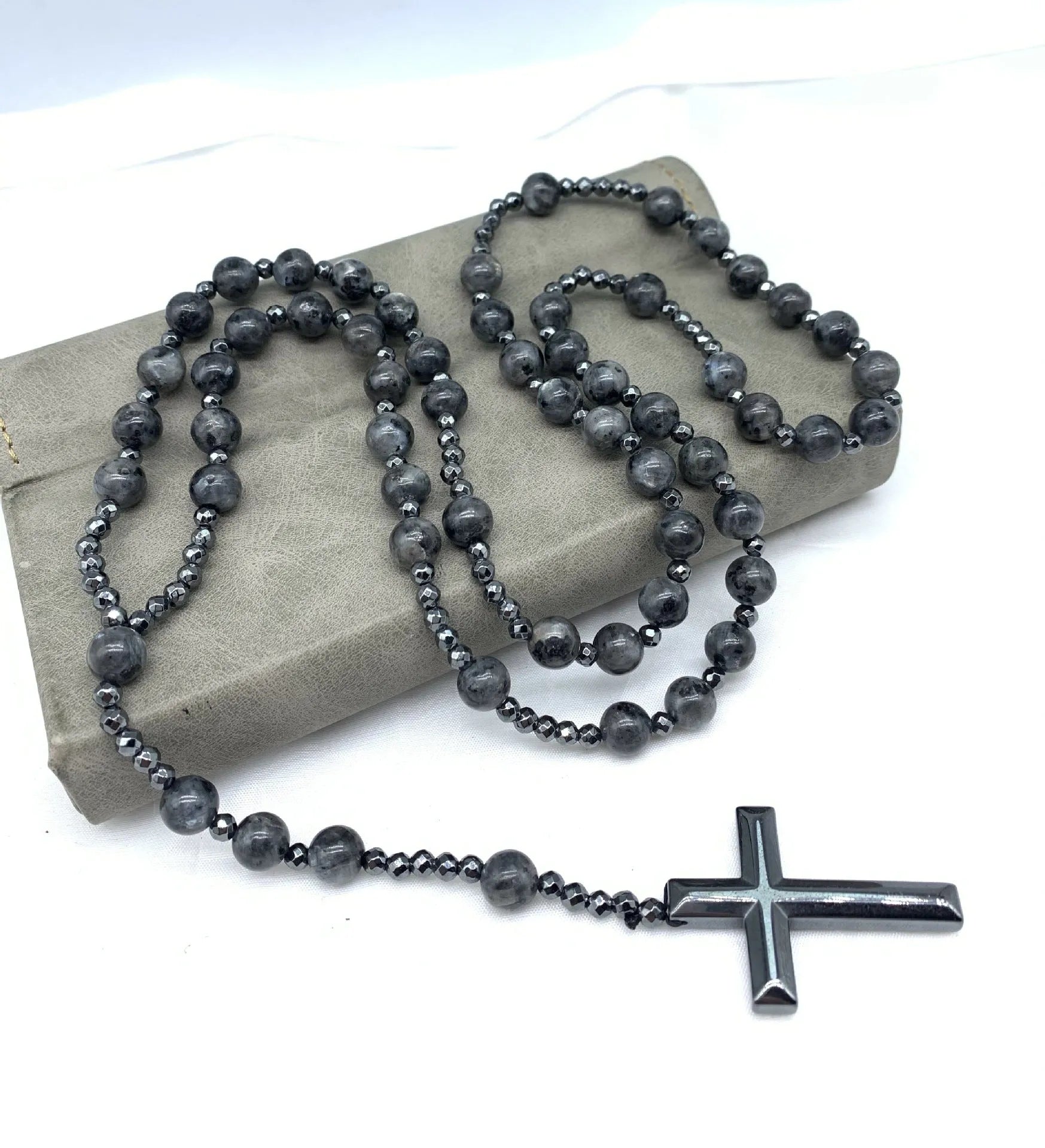 Men's stone cross pendant necklace on 80cm ball bead chain with safety lock clasp