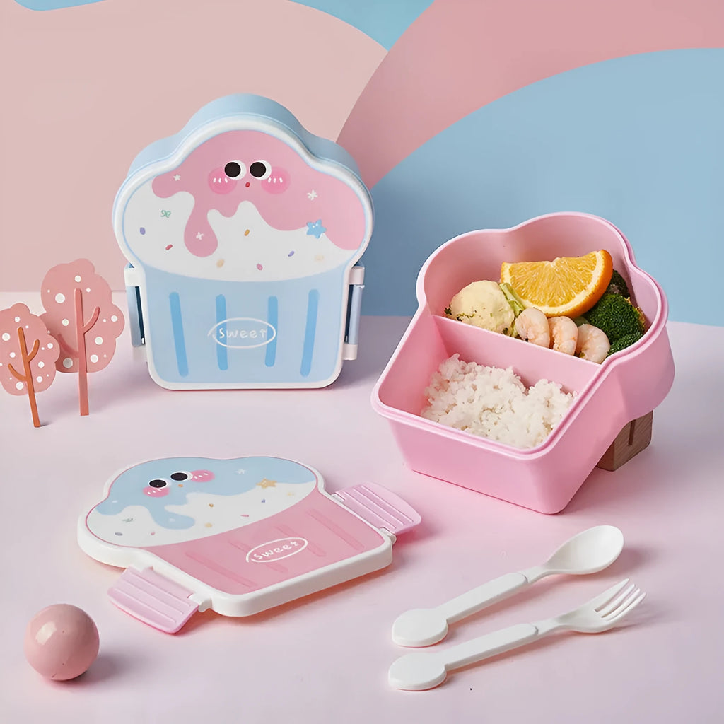 Pink and blue creative ice cream shaped plastic lunch box with compartments, includes spoon and fork.