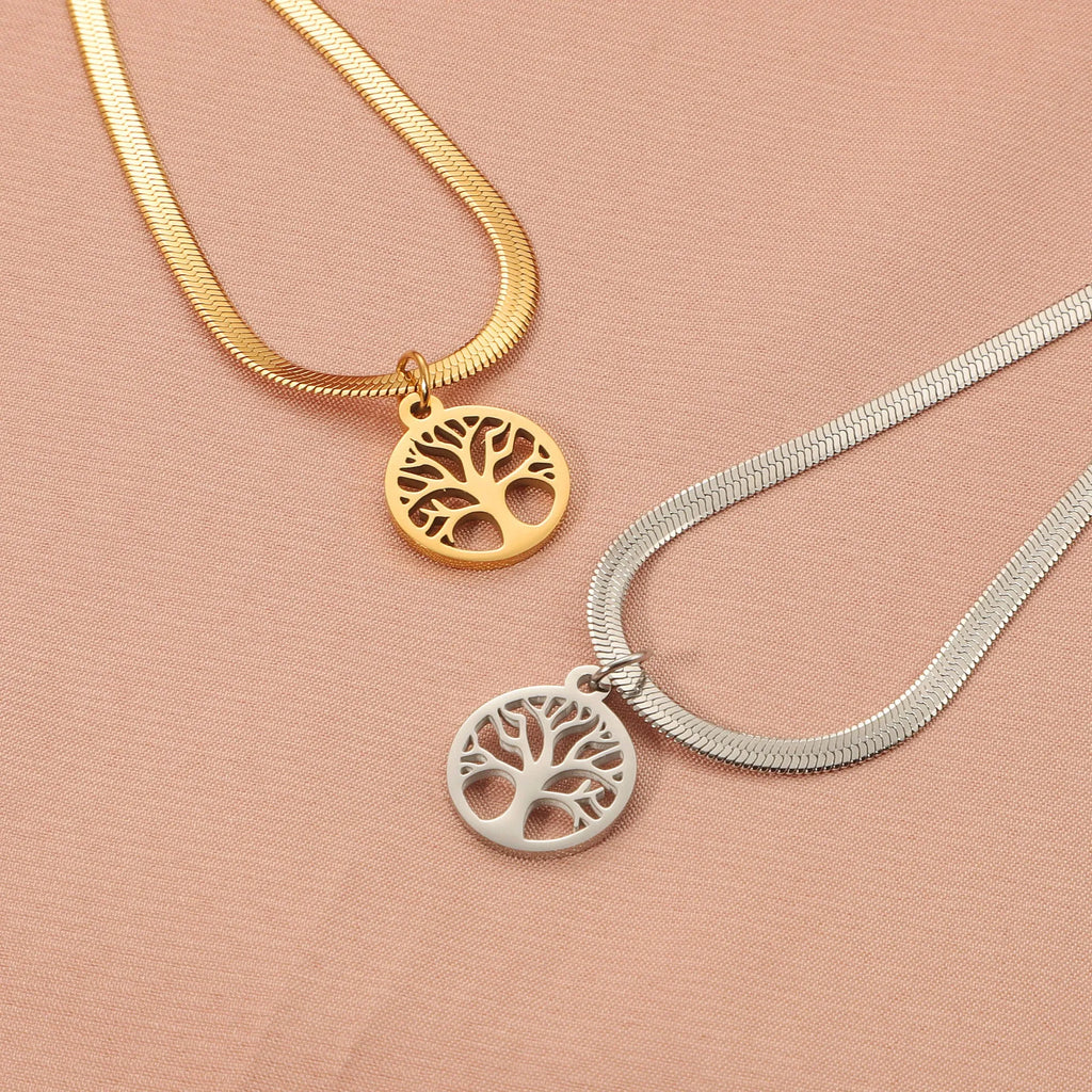 Stainless steel lucky tree necklace with adjustable length and tree pendant on snake bone chain