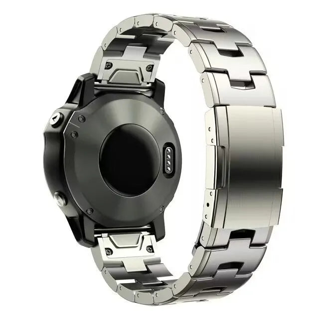 Replacement watch strap for Garmin Fenix and Jiaming smartwatches in black, silver, and titanium colours.
