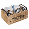 Natural wood coloured kitchen storage box with internal grid for organising cutlery.