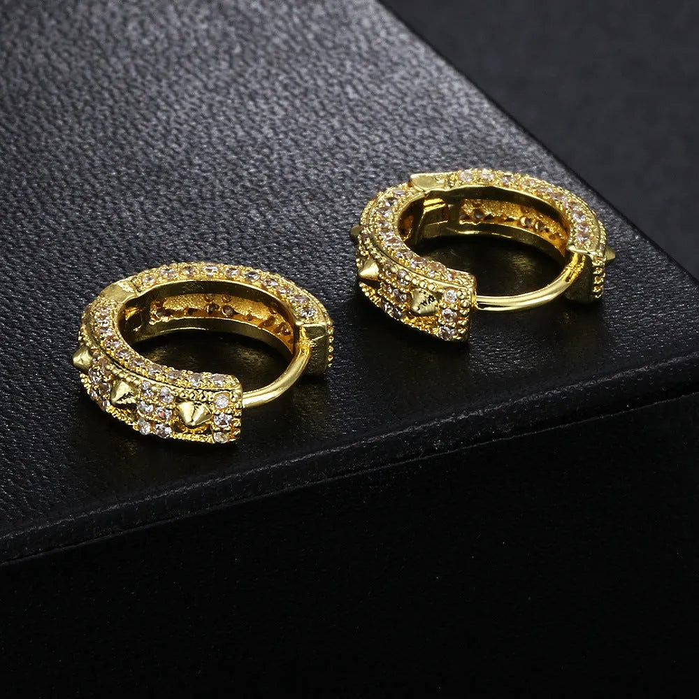 Geometric copper hip hop ear clips with full diamond round design in white gold stone colour