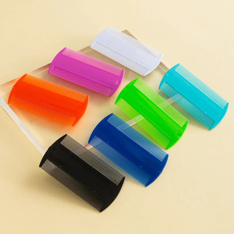 A white double-sided fine-toothed plastic comb for lice removal, shown on a blue background.