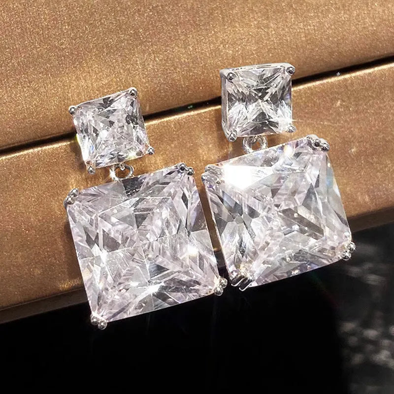 Geometric square copper earrings with quadrilateral design in white gold or gold colour options