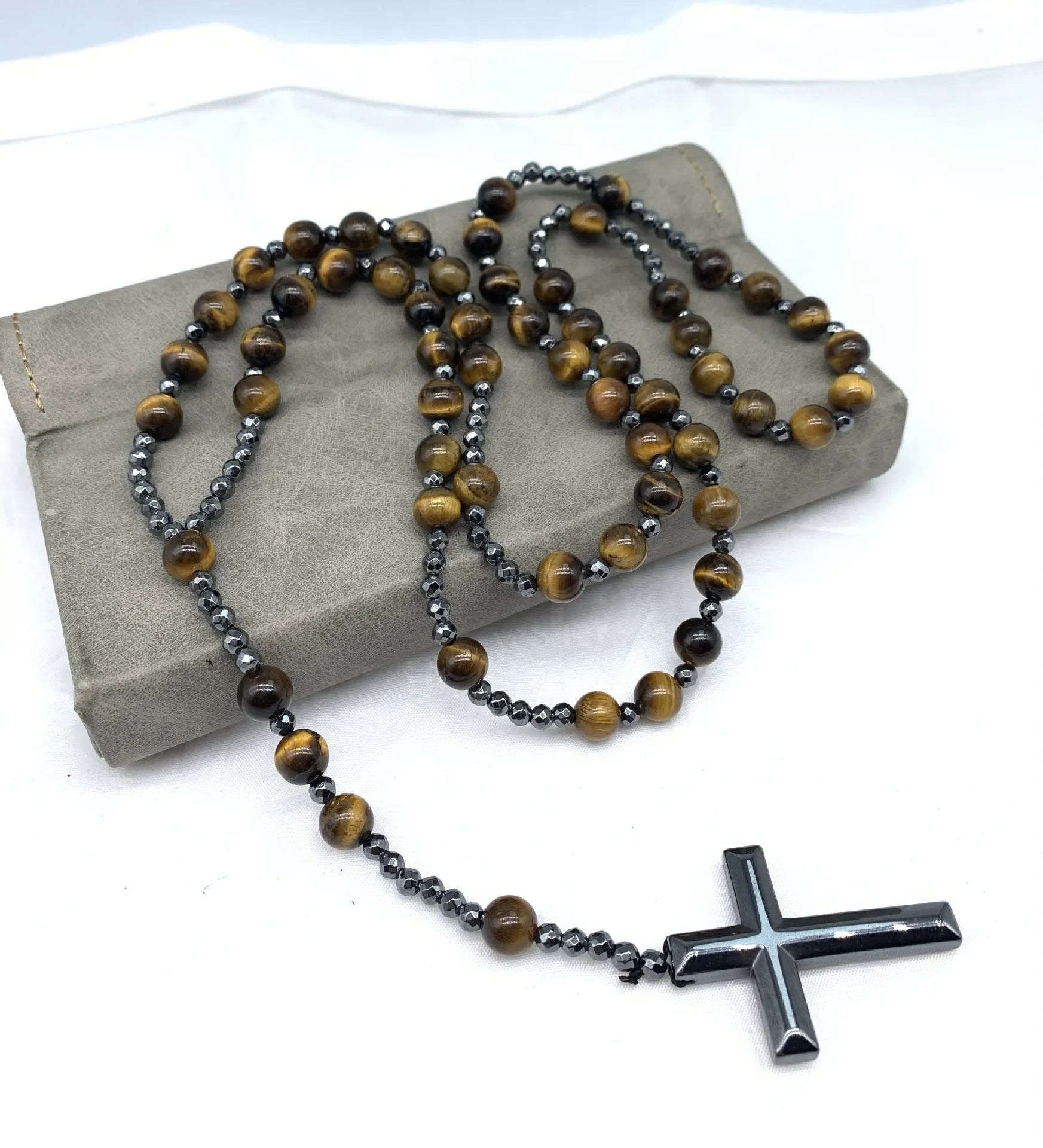 Men's stone cross pendant necklace on 80cm ball bead chain with safety lock clasp