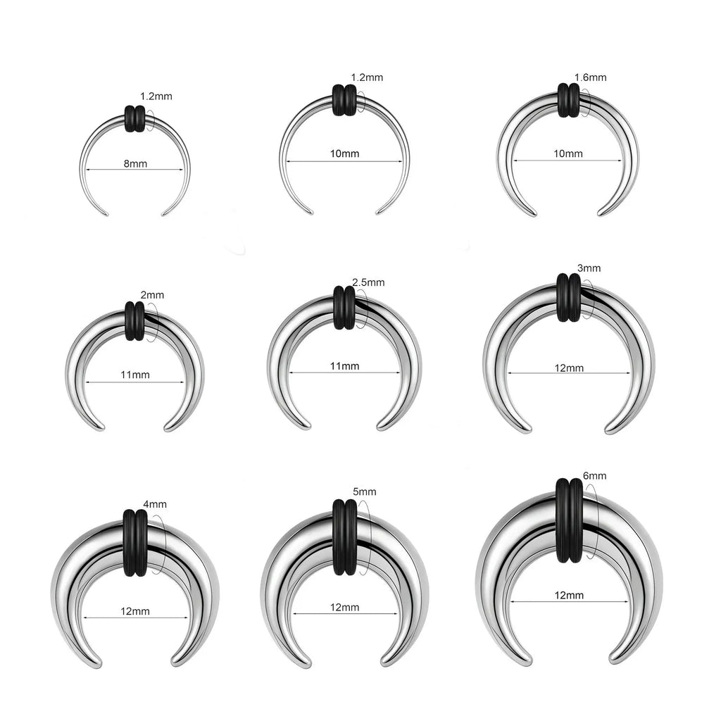 Close-up of a C-shaped buffalo horn style nose ring made from 316L stainless steel, showing steel colour and black finish options.