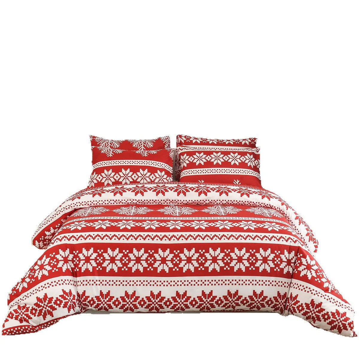 Red Winter Sleepers quilt cover with Christmas Love Song pattern, folded with matching pillowcases.