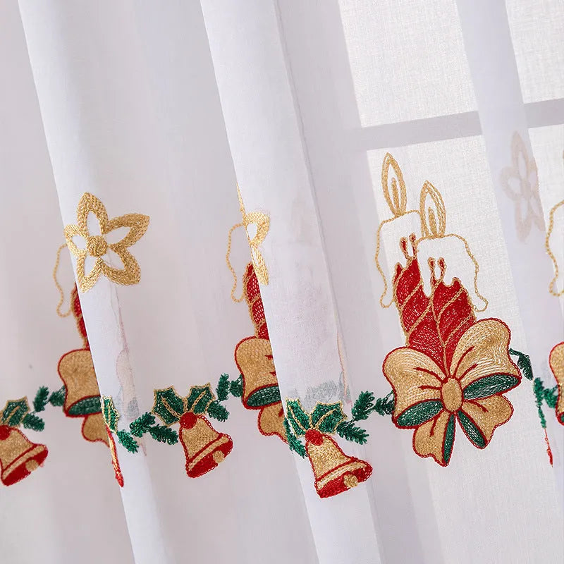 American Christmas curtain pair with white snowflake embroidery on red polyester fabric