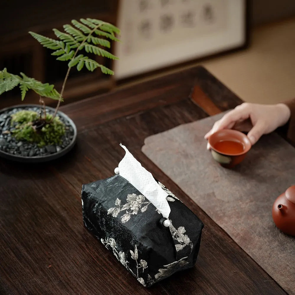New Chinese style brocade tissue box cover with white plum embroidery, showing pearl buckle variant.