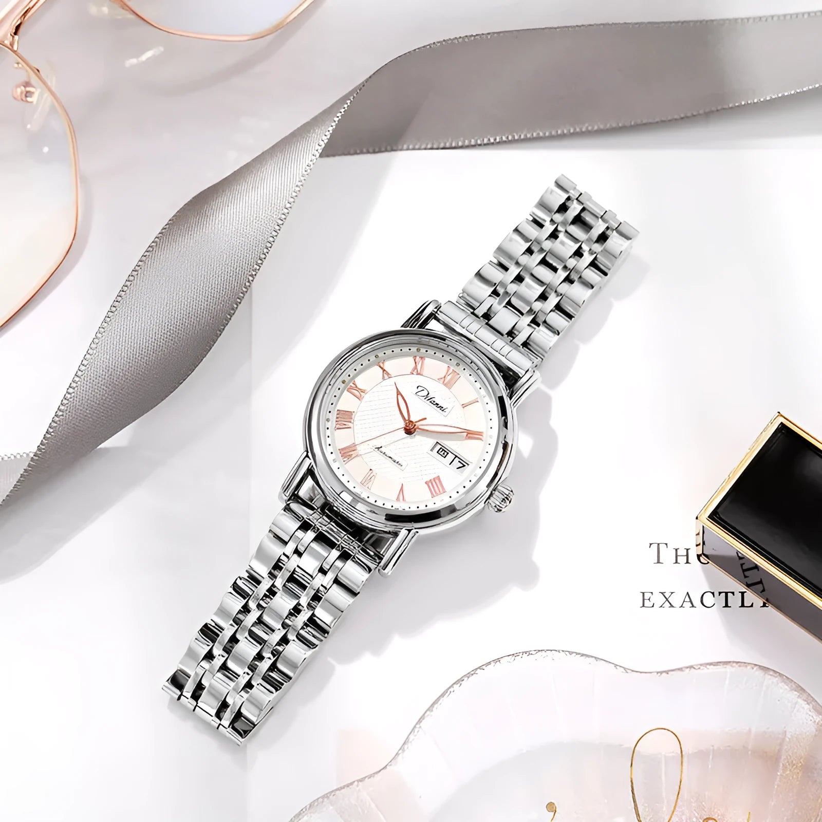 Women's automatic mechanical watch with 12mm case on steel belt and leather strap in various colours.