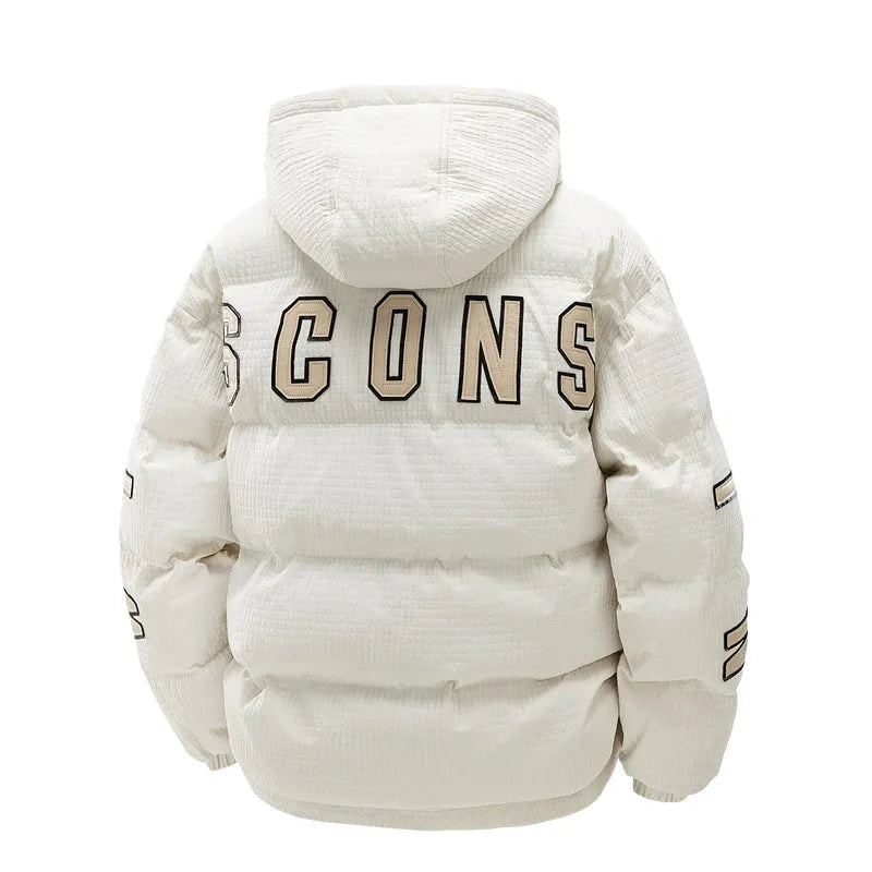 Men's black cotton-padded winter coat with hood and white letter print detailing, Korean streetwear style