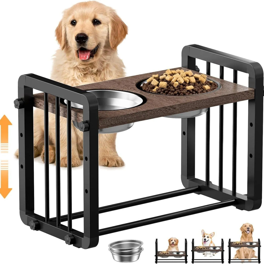 Black wooden dog bowl bracket on a floor holding food and water bowls