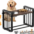 Black wooden dog bowl bracket on a floor holding food and water bowls