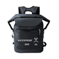 Black 25-litre waterproof outdoor backpack with a mesh clip for water sports.