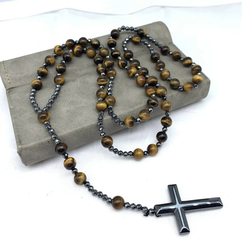 Men's stone cross pendant necklace on 80cm ball bead chain with safety lock clasp