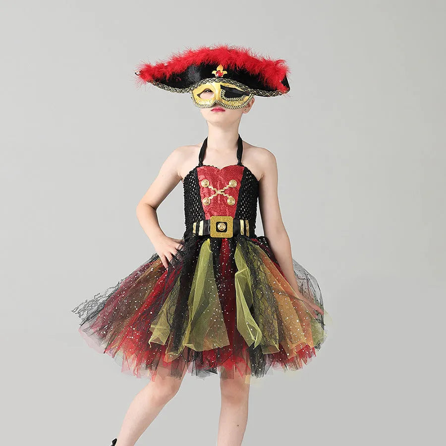 Girls sleeveless pirate costume dress with sequin and lace detailing for Halloween