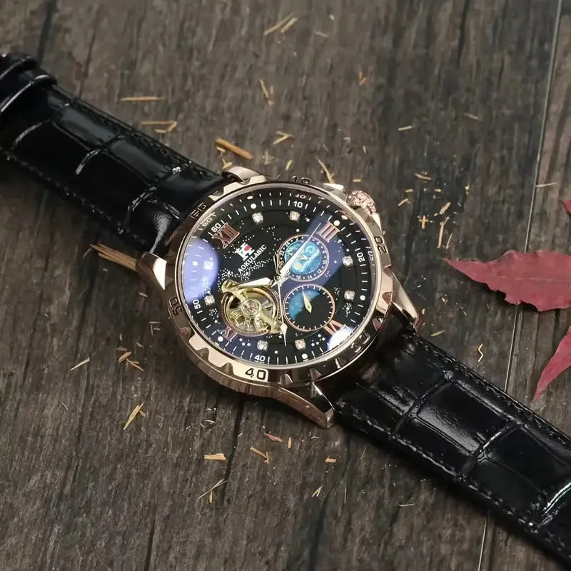 Large dial automatic mechanical watch with rose gold case and black leather strap