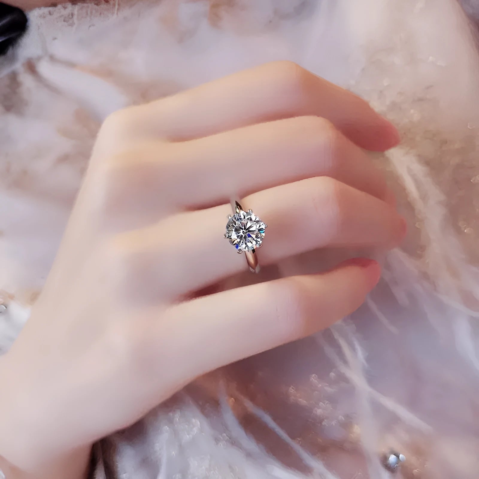 White gold plated geometric women's ring with six-claw zircon setting on finger