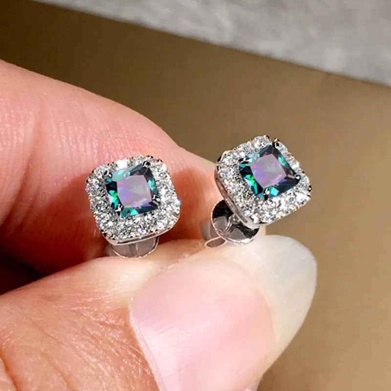 Square zircon earrings with grandmother green stones on copper base with electroplated finish