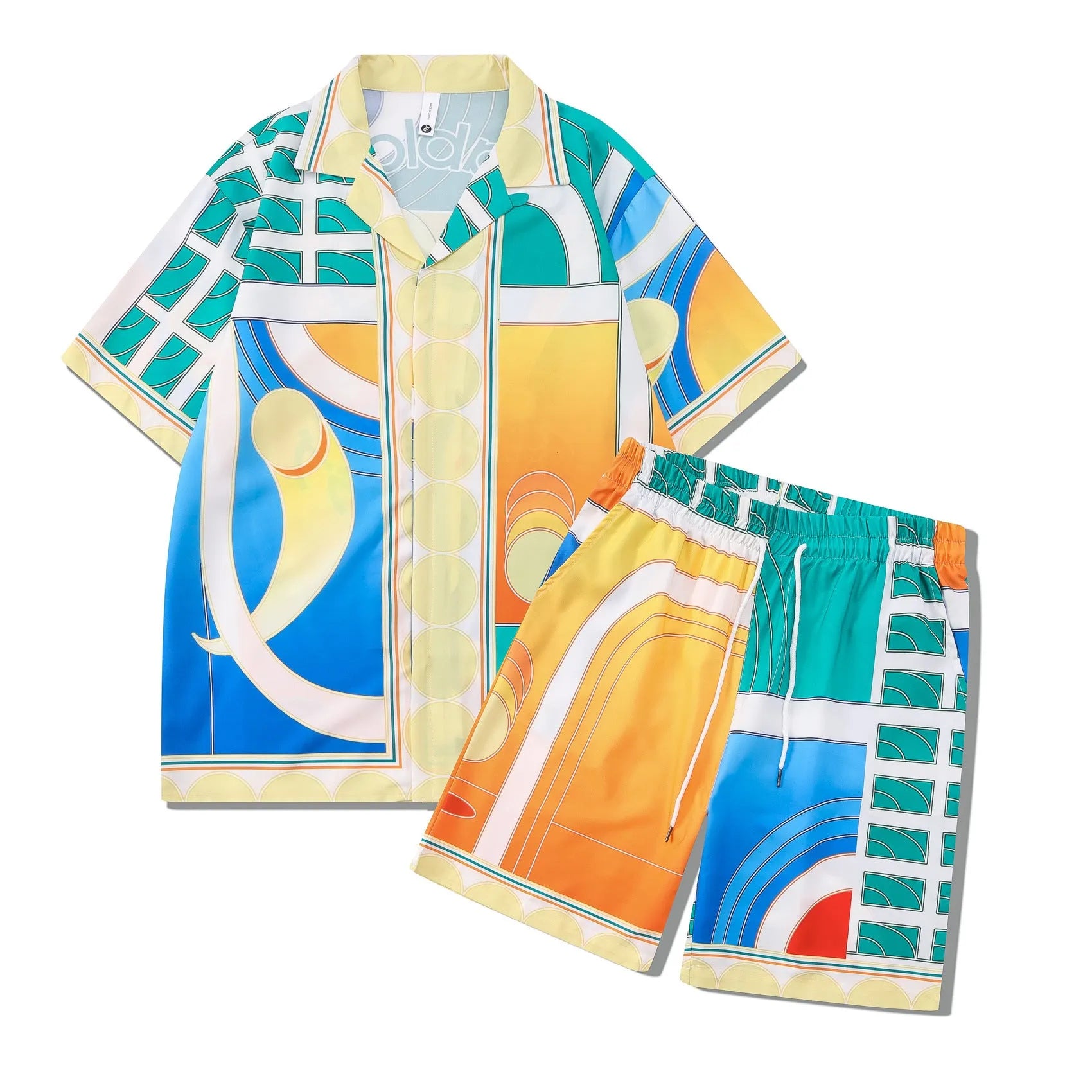 Men's plaid print beach outfit with short sleeve shirt and matching pants set