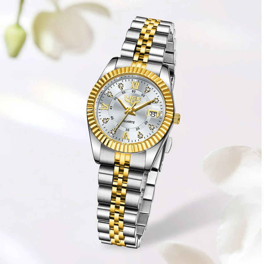 Slim gold and silver waterproof quartz fashion watch for women on a wrist, showing 10mm thickness.