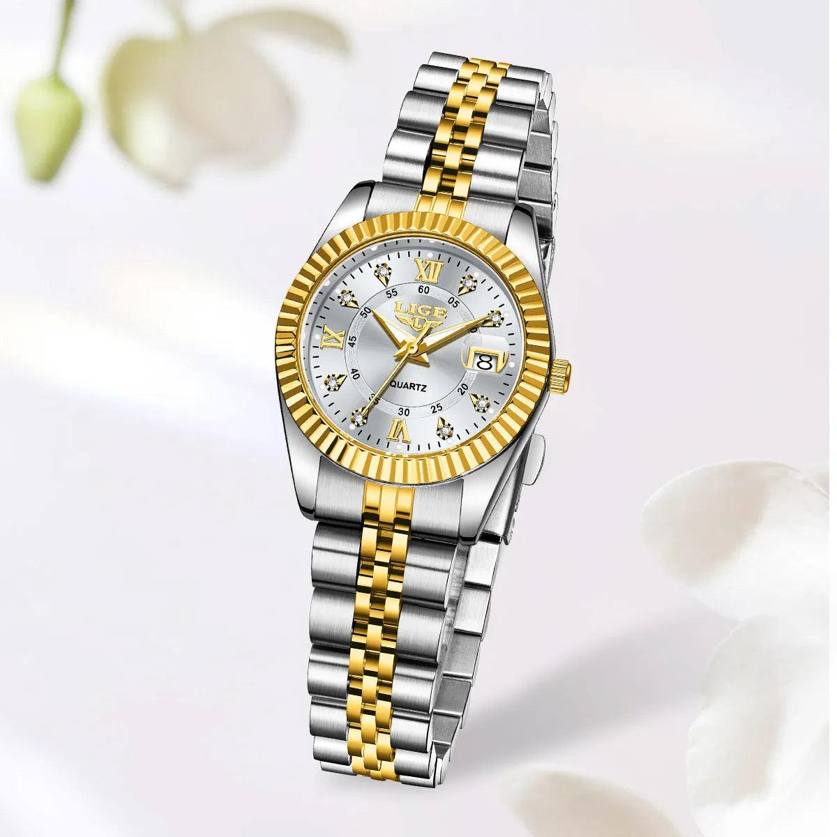 Slim gold and silver waterproof quartz fashion watch for women on a wrist, showing 10mm thickness.