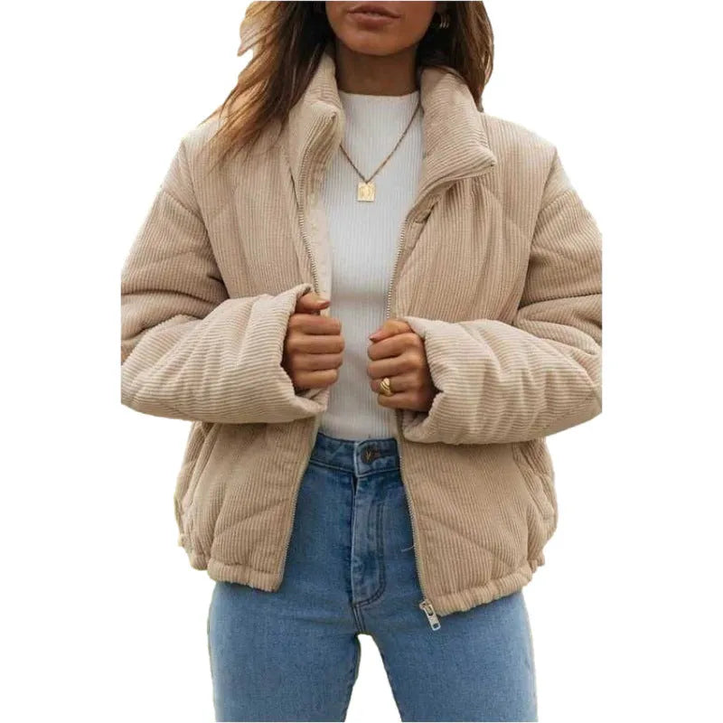 Apricot coloured women's corduroy jacket with a stand collar and zip-up front.