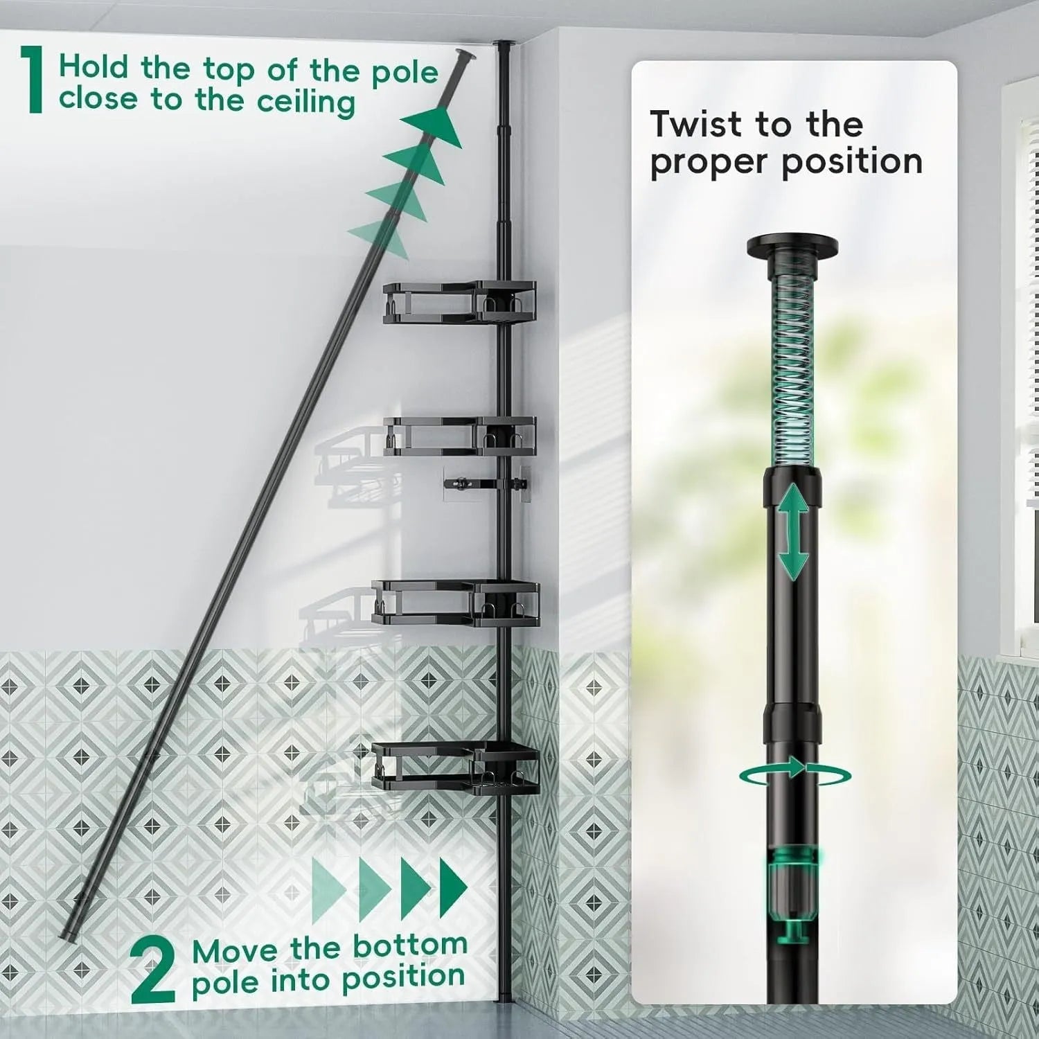 Four-layer retractable bathroom storage rack with hole-free mounting system
