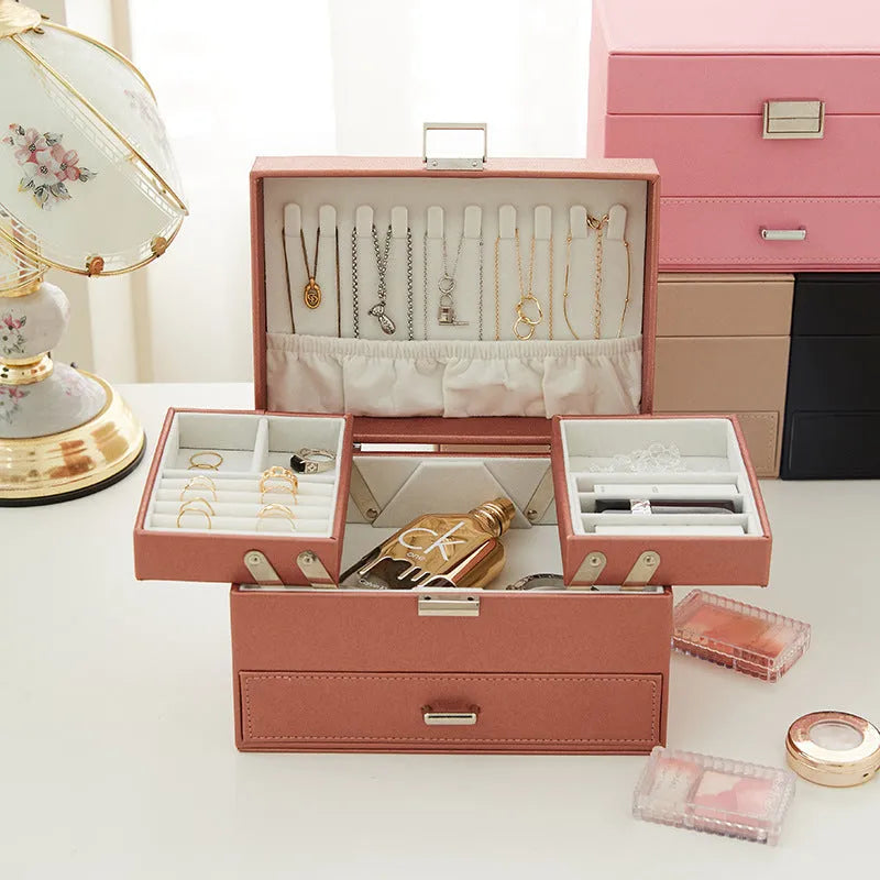 Hard PU leather jewellery storage box in beige, black, pink or rose gold colour options