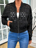 Black women's casual jacket with white geometric thread pattern and front zipper.