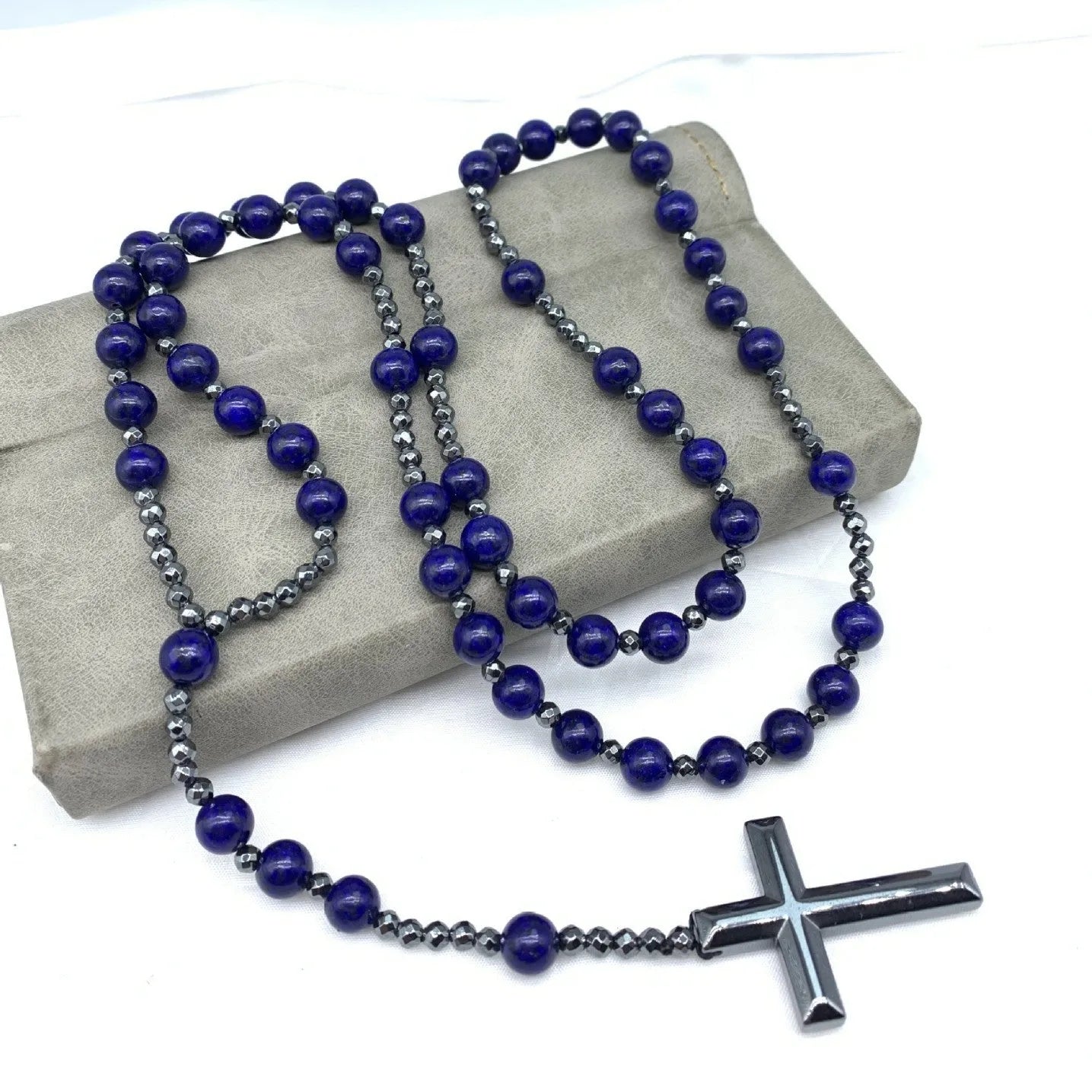Men's stone cross pendant necklace on 80cm ball bead chain with safety lock clasp