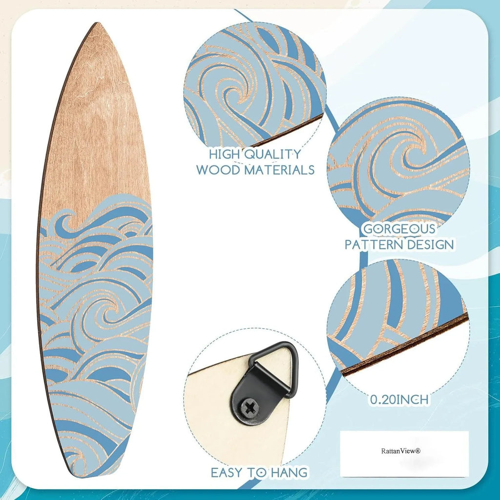 Set of three light wooden surfboard-shaped wall decorations arranged together.