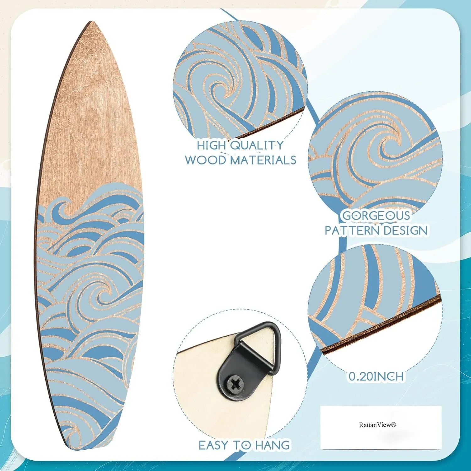 Set of three light wooden surfboard-shaped wall decorations arranged together.