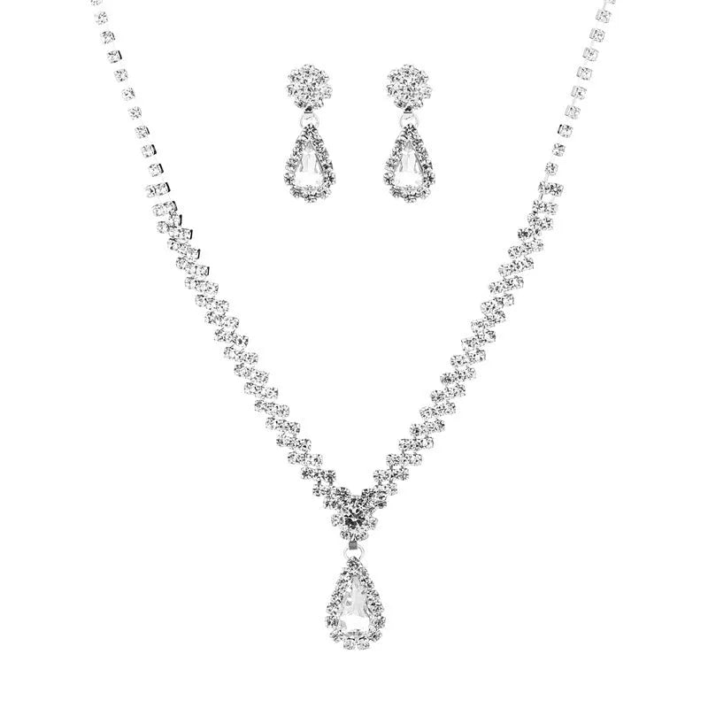 Claw chain necklace and earrings set with drop rhinestones in multiple colour options