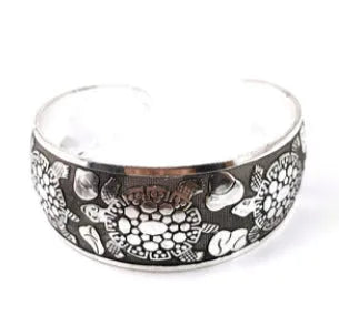 Ethnic carved open Miao silver bracelet with Roman shape and detailed openwork pattern
